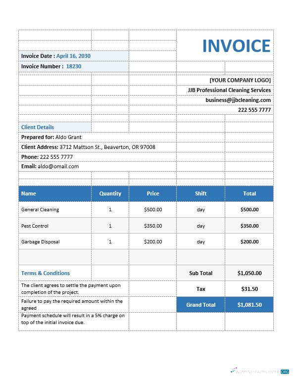 Download Commercial Cleaning Service Invoice Template Photoshop template